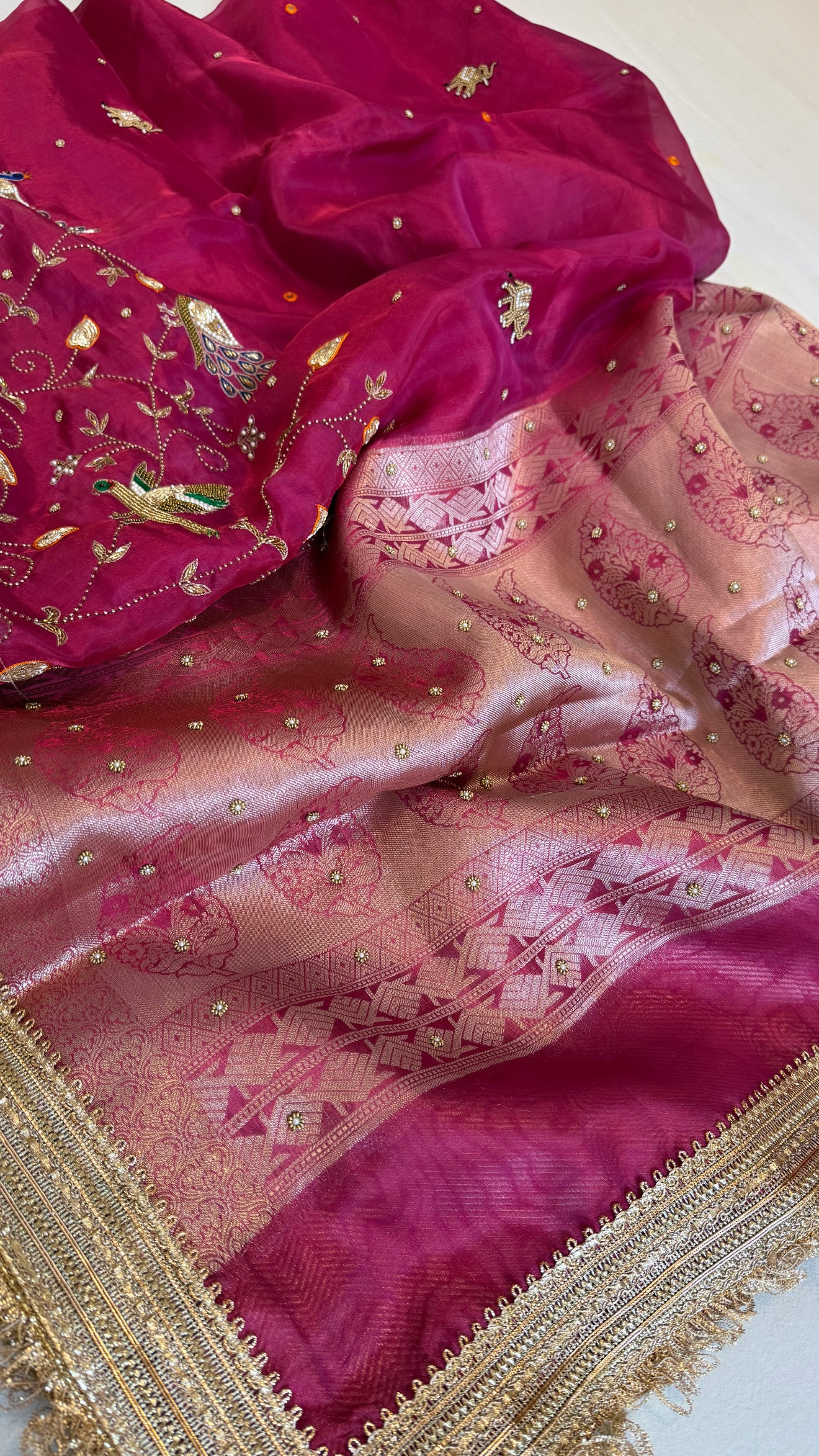 Hathi , ghoda aur palki wali saree - Husn tissue silk hand embroidered saree